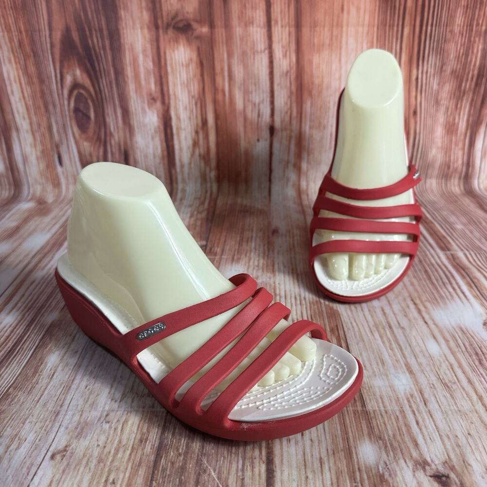 Crocs RHONDA Womens Size 9 Pink Wedge Heel Sandals Slides Open Toe Shoes